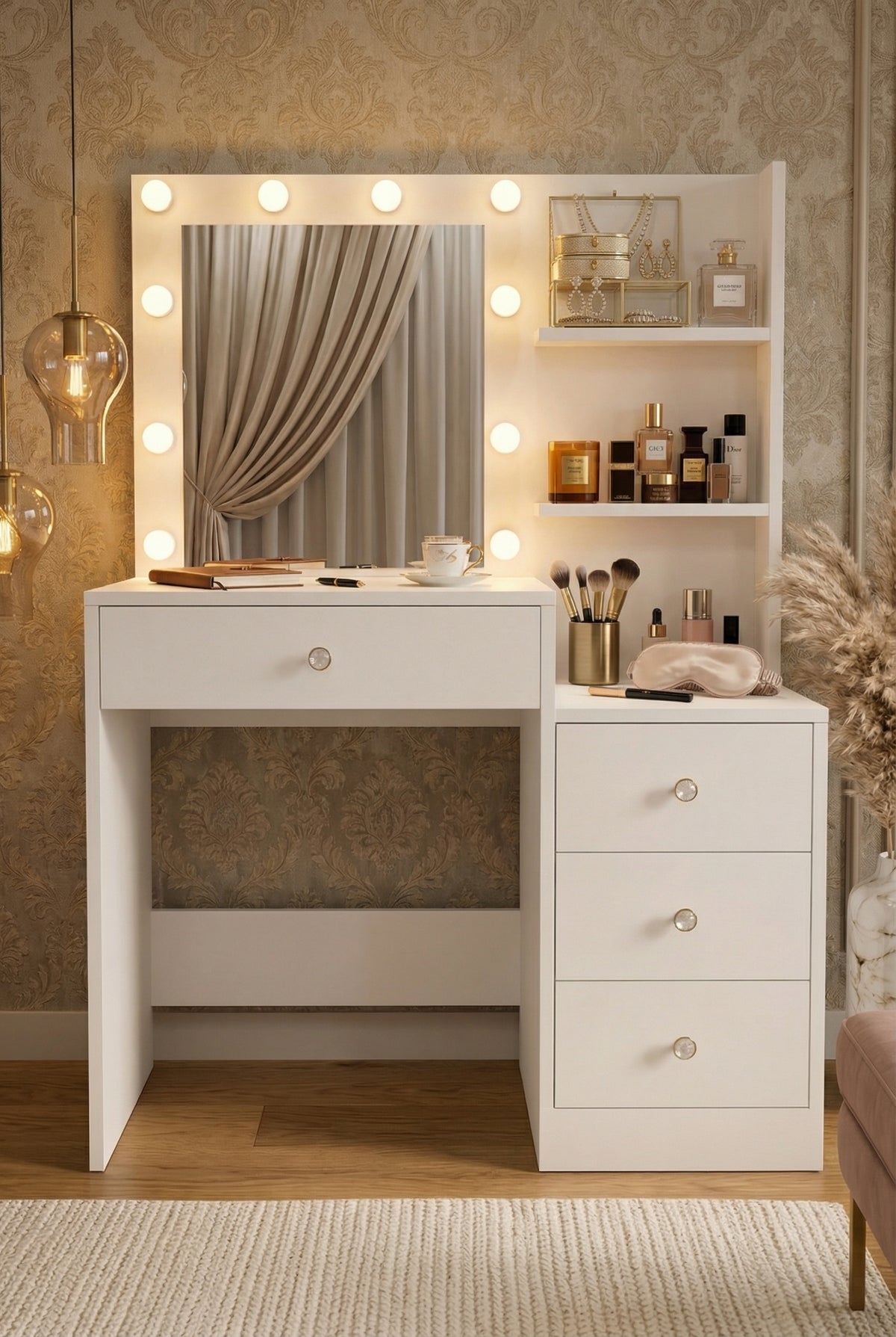Тоалетка Monroe с огледало, 4 чекмеджета и Hollywood LED – бяло, MO2-W – изображение 3