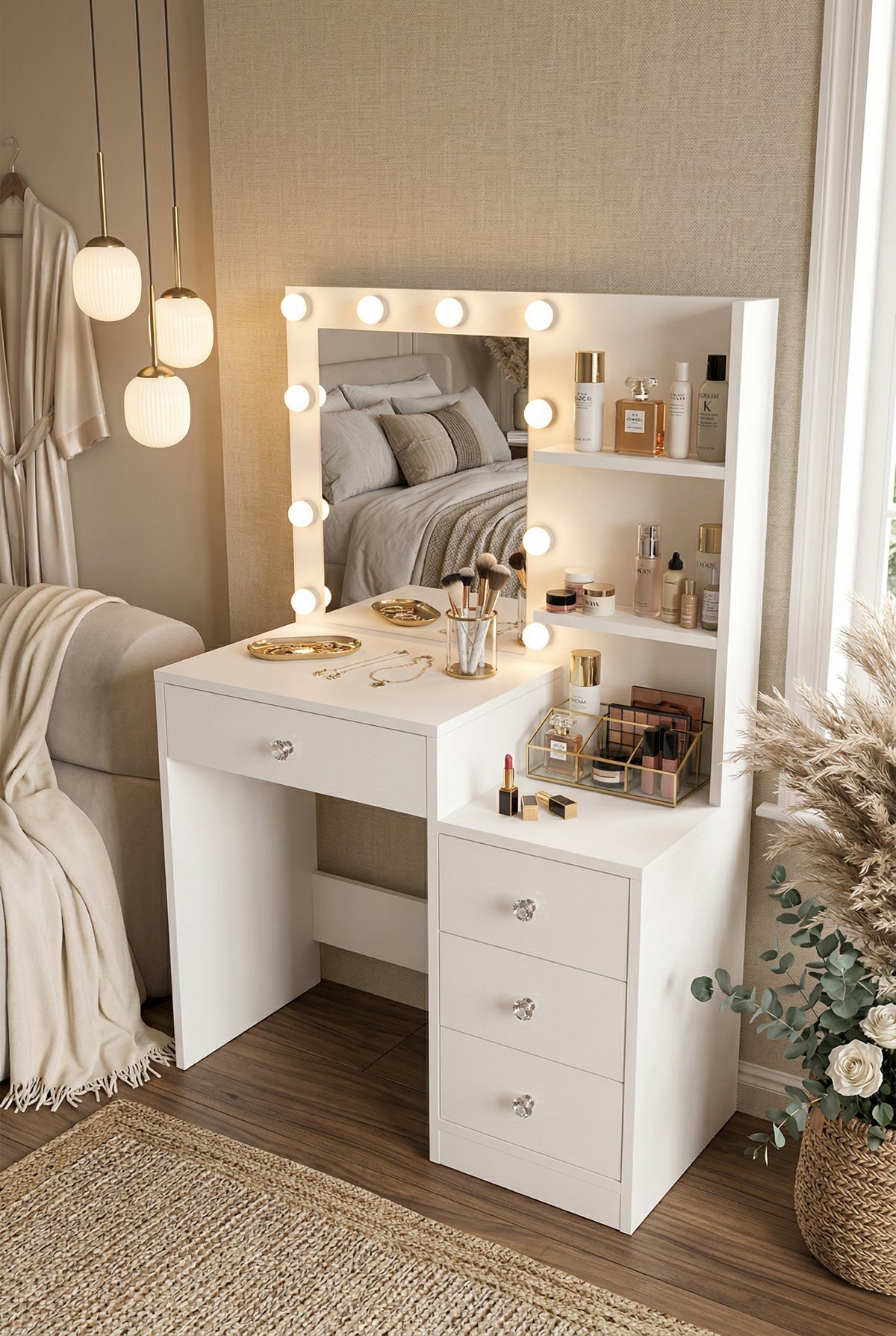 Тоалетка Monroe с огледало, 4 чекмеджета и Hollywood LED – бяло, MO2-W – изображение 5