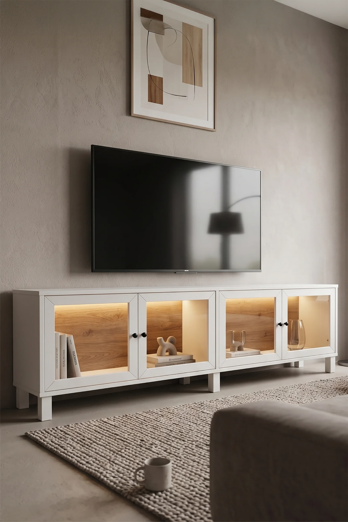 TV модул с неоново LED осветление от закалено стъкло Yoda Стойка за телевизор Витрина Шкаф с дървени крака - Бял YD14-SW