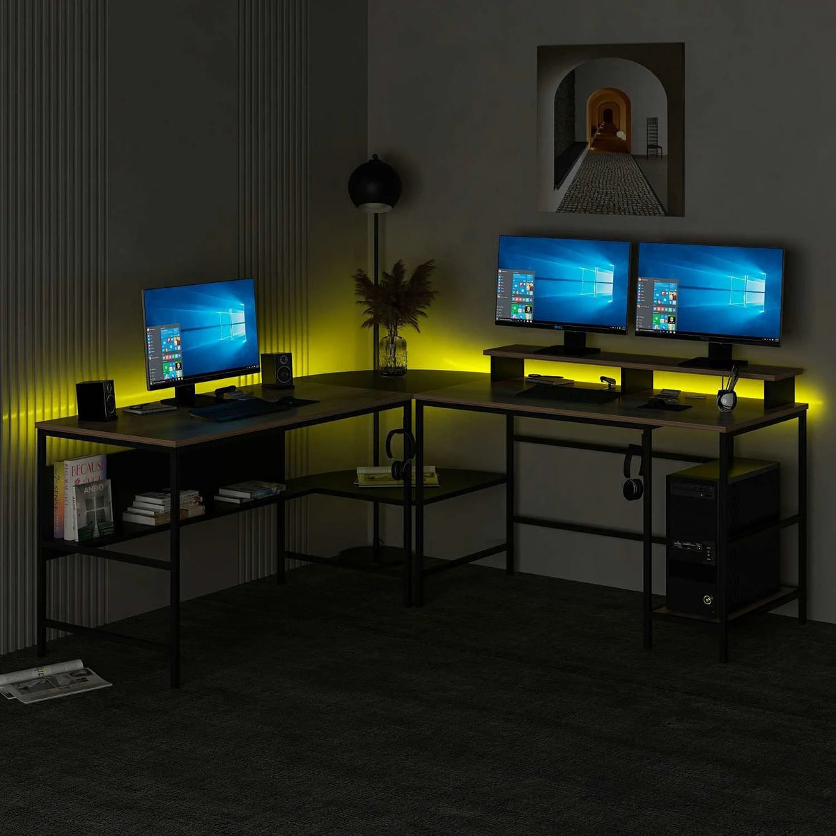 Ъглово бюро Greta L с RGB LED светлини - златисто/черно – görsel 6
