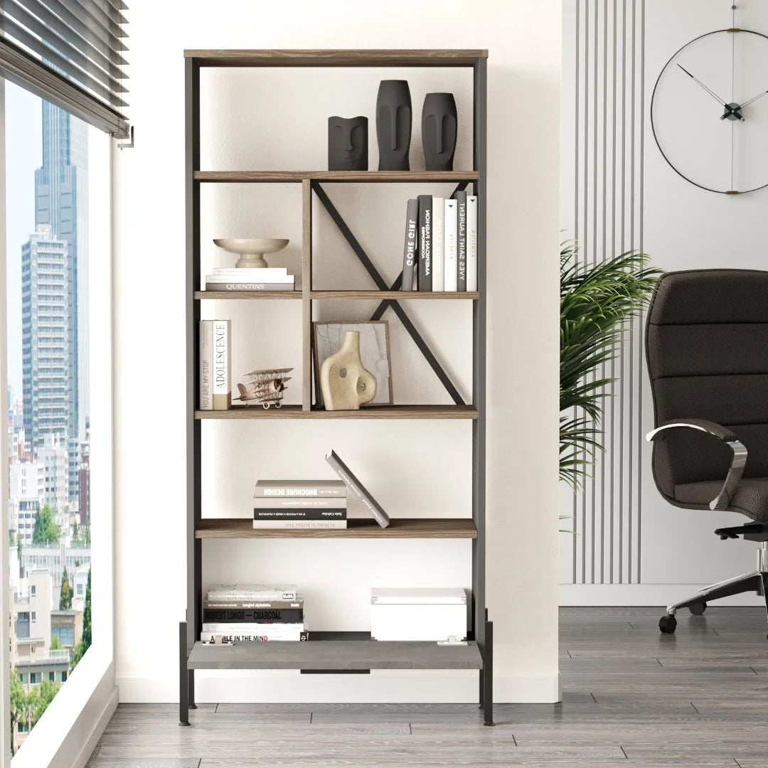 Vista D Офис Рафт за книги с метални крака Кафяв-Бетон-Антрацит – изображение 4