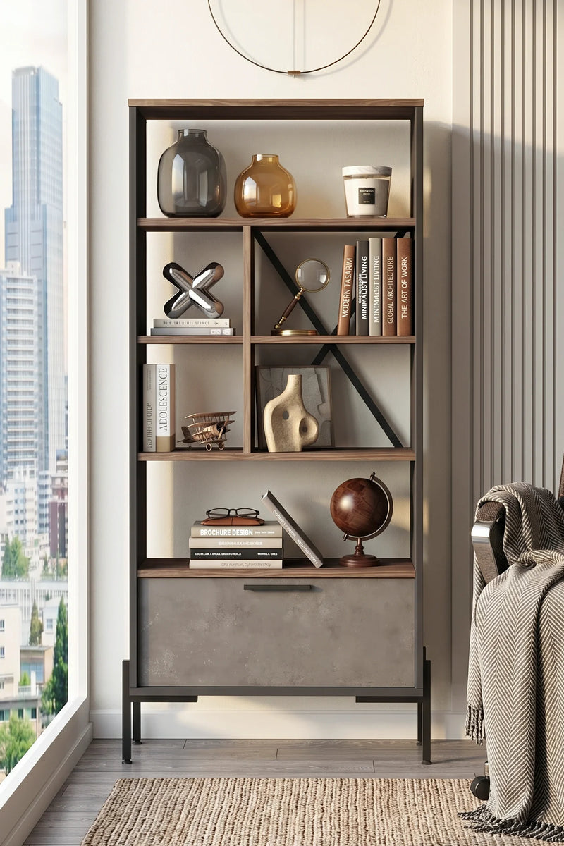Vista D Офис Рафт за книги с метални крака Кафяв-Бетон-Антрацит