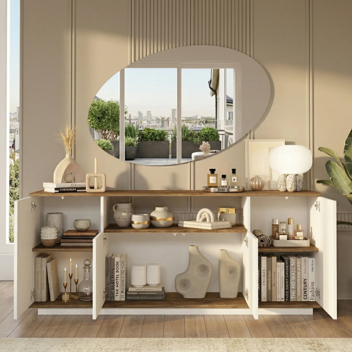 Бъдеща конзола с 4 врати и рафтове 180cm Pine-White – изображение 2