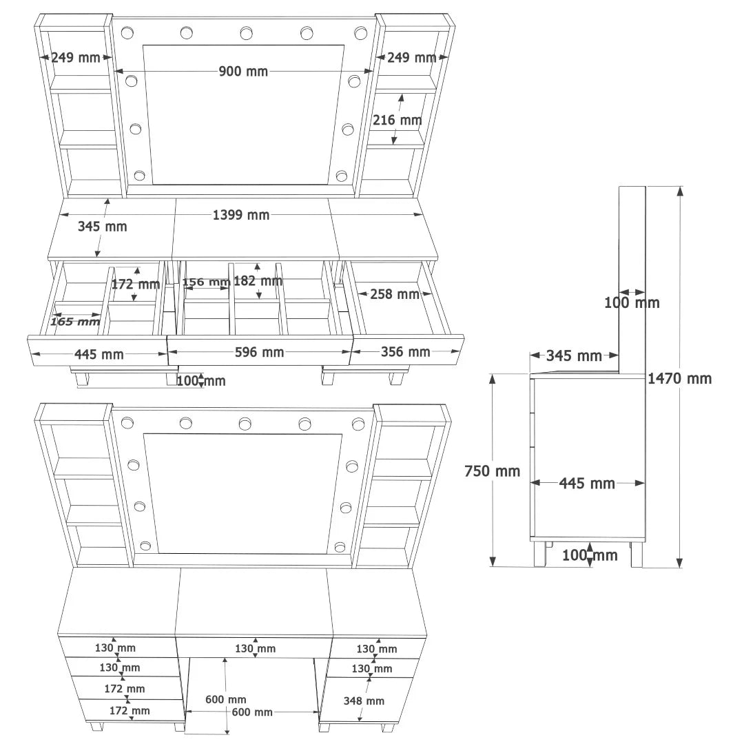 Тоалетка Monroe със 7 чекмеджета и органайзер с капак Hollywood Led Light Shelf White MO5-W – изображение 7