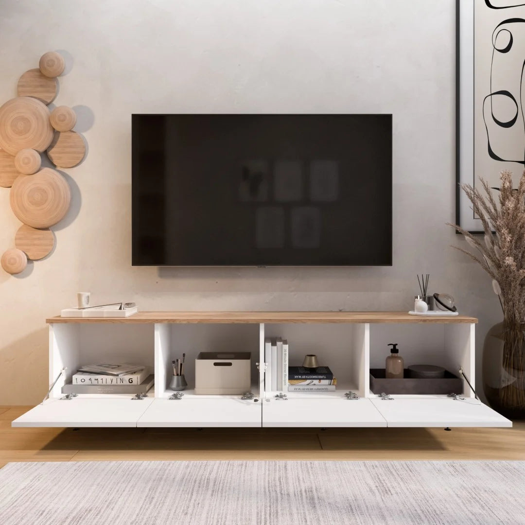 Стойка Nord TV с 4 капака и дървени крака 180cm Кошница-бяла – изображение 4