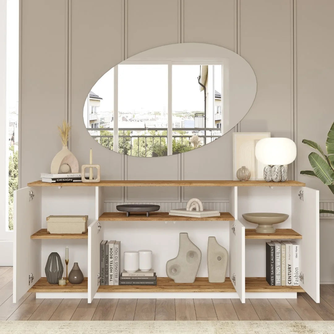 Бъдеща конзола с 4 врати и рафтове 180cm Pine-White – изображение 6