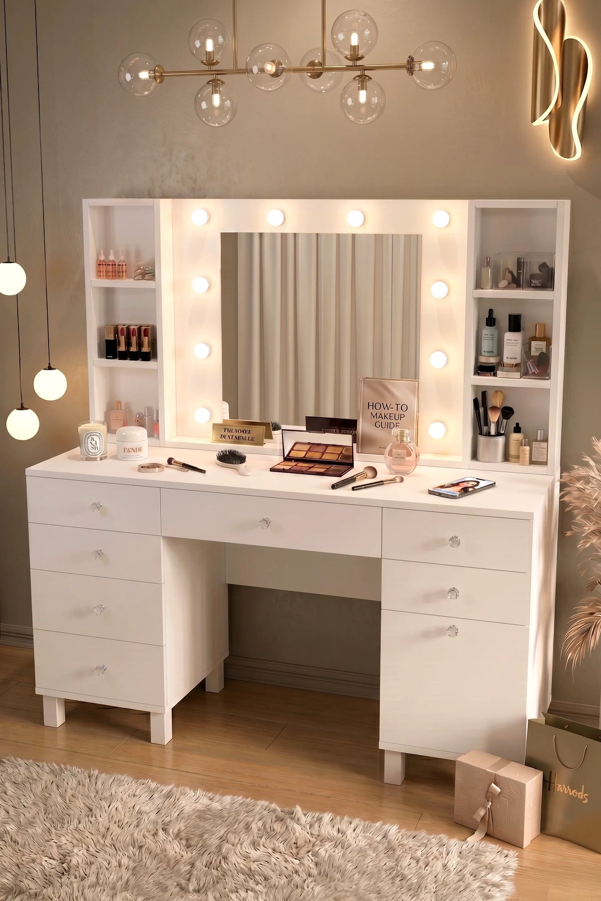 Тоалетка Monroe със 7 чекмеджета и органайзер с капак Hollywood Led Light Shelf White MO5-W – изображение 4