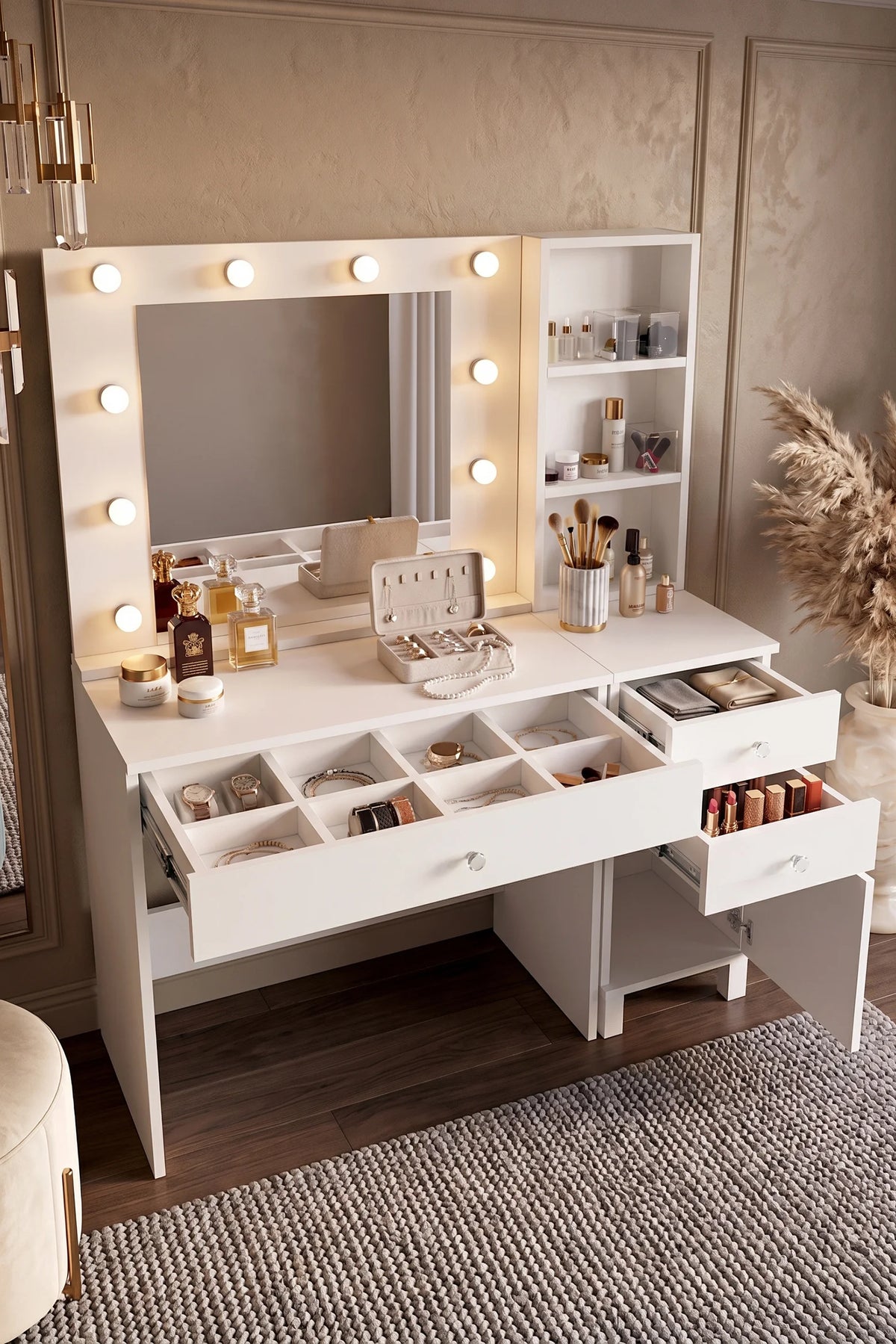 Маса за грим Monroe с 3 чекмеджета и калъф Органайзер Hollywood LED Light Shelf White – изображение 5