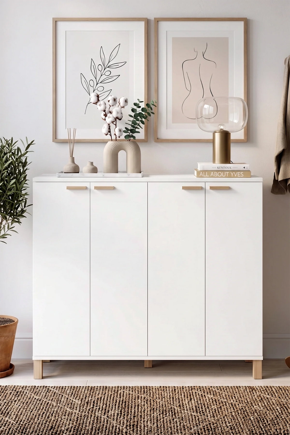 Многофункционален шкаф Oslo с дървени крака, 10 рафта, 4 врати, голяма поставка за обувки Dresuar, 30 чифта обувки, бяло OL10-W – изображение 3