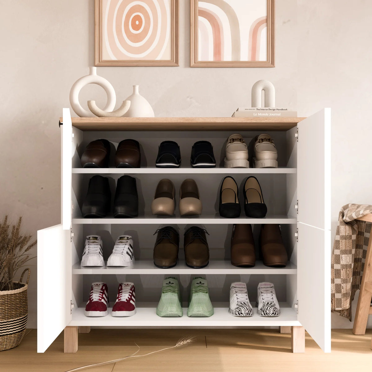 Nord Shoe Rack Многофункционален шкаф с 4 врати и кошница с дървени крака-бял ND1-SW – görsel 3