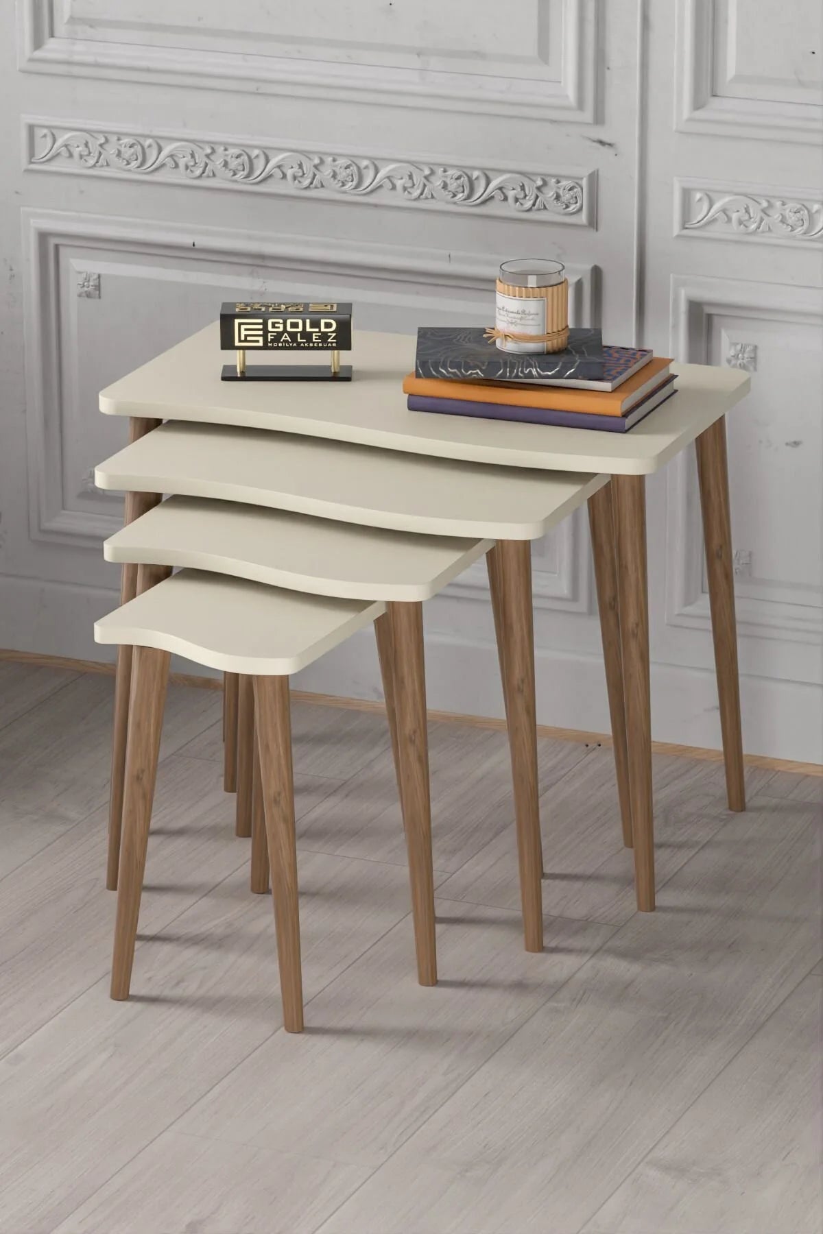 Маса за кафе Lathe Nesting Cream Beige Комплект от 4 бр – görsel 2